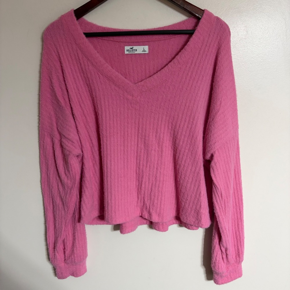 Hollister California Pink Fuzzy Ribbed V-Neck Long Sleeve Top Large 339L3496